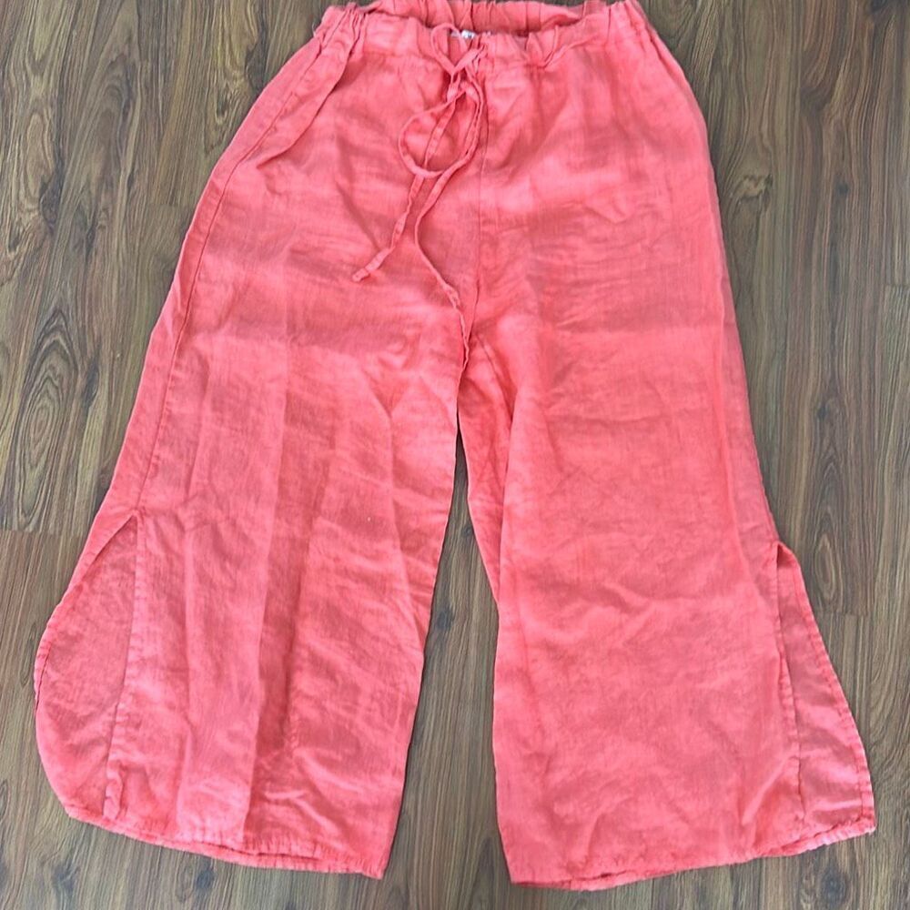 Gigi Moda 100% linen made in Italy salmon peach wide leg Palazo pants with slit